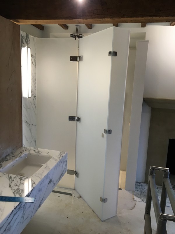 Bespoke frosted glass shower enclosure in Banbury luxury bathroom